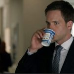 Patrick J. Adams drinks coffee from an Anthora cup on the TV show Suits